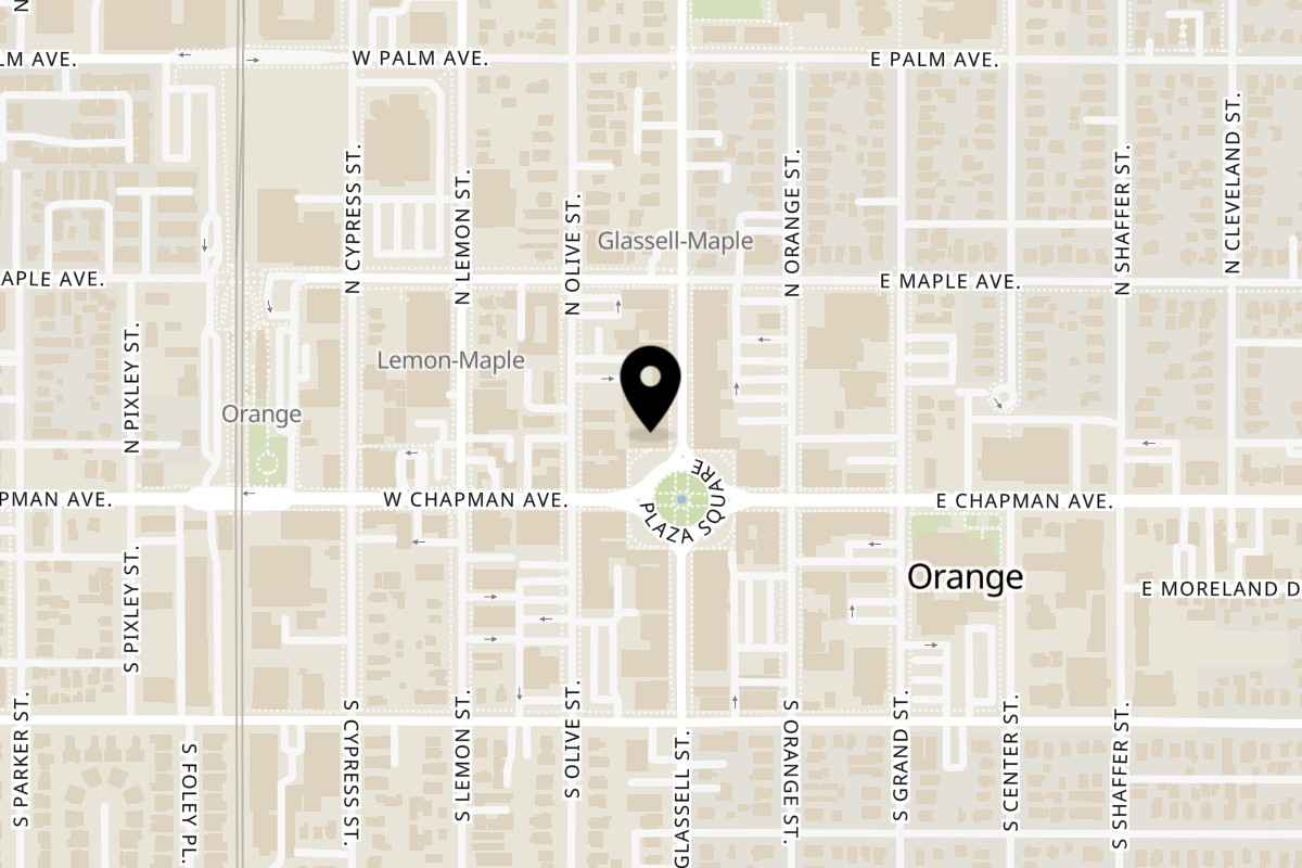 Map showing the location of L'ORANGE CAFE on 106 N Glassell St in Orange